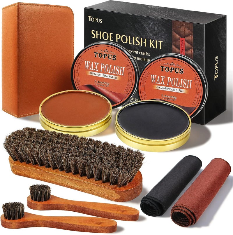 Topus Valentines Day Gifts Shoes Polish Kit, 3 Pieces Horsehair Brushes in 6.7in Handle, 1.4oz Black Brown Shoe Polisher - Image 1
